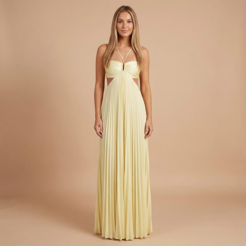 yellow pleated halter dress Pleated Halter Maxi Dress