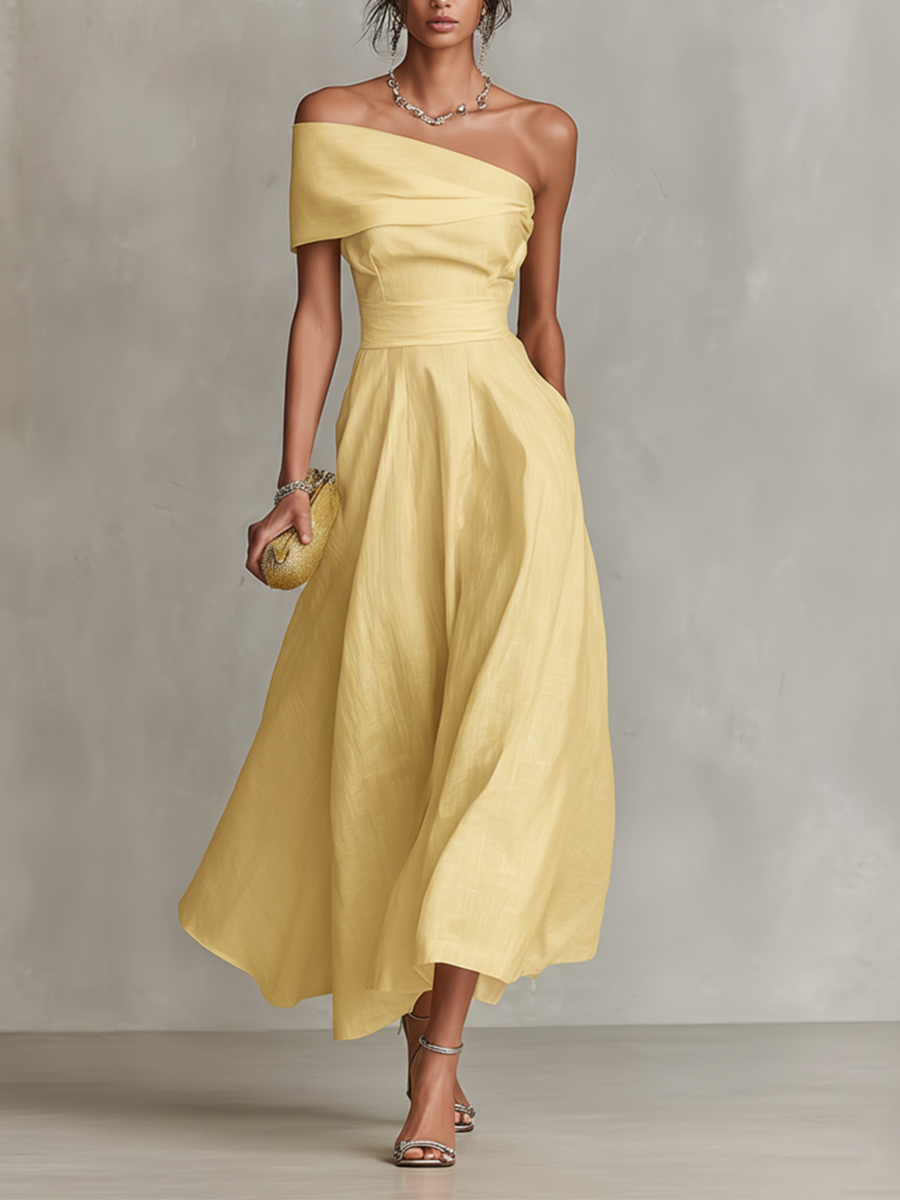 yellow midi dress wedding guest Women's One Shoulder Linen LUCKY BRAND $139 Womens Women's Size:Euro 44 = US 12 - 12.5 Brighten up any celebration summersale10