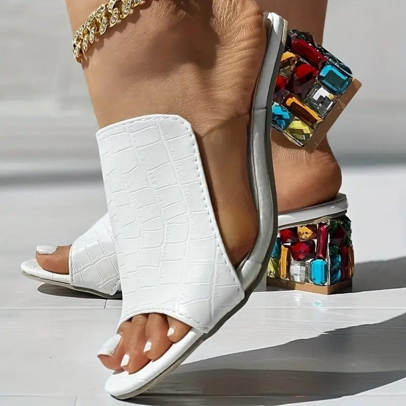 Women's Rhinestone Block Heel Croc Texture Mules
