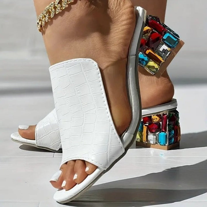 Women's Rhinestone Block Heel Croc Texture Mules