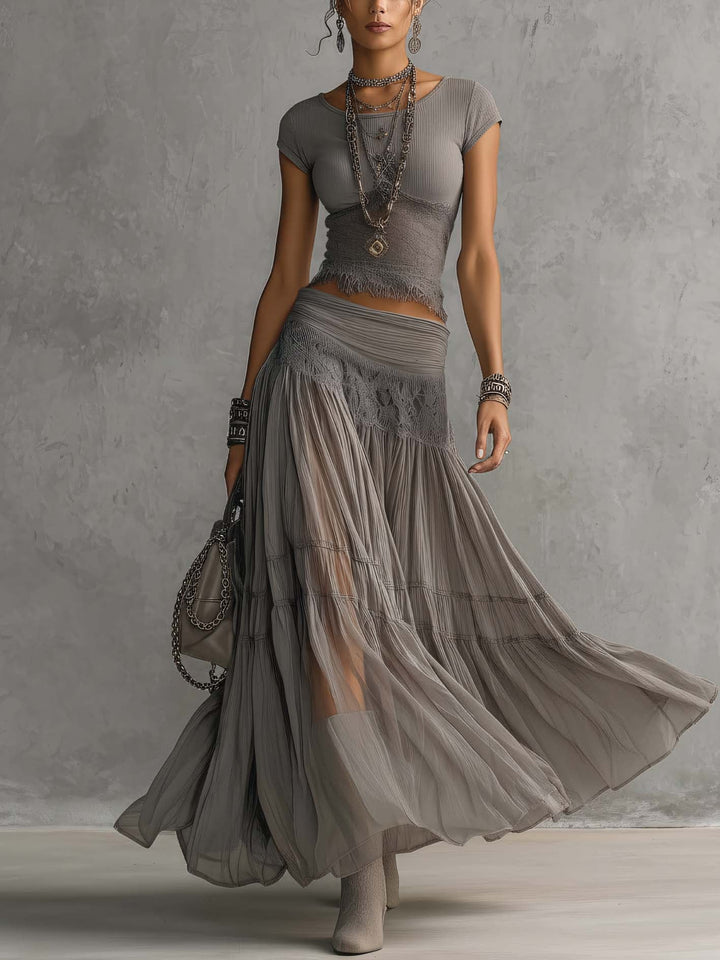 Women's Lace Panel Top and Pleated Maxi Skirt Set