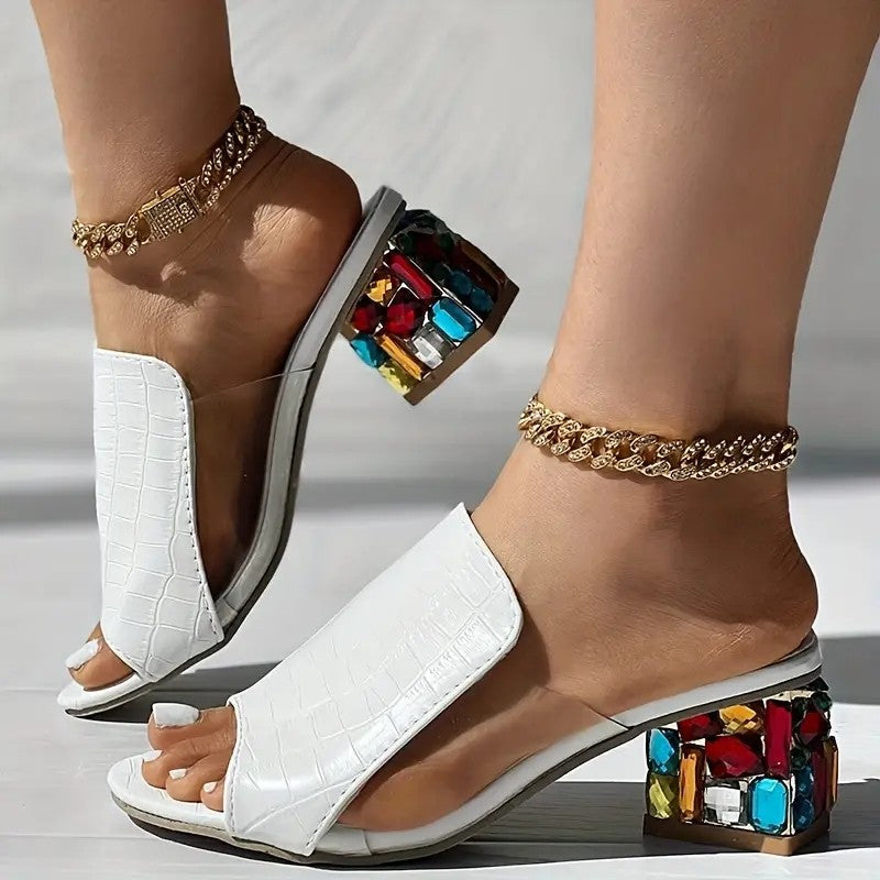 Women's Rhinestone Block Heel Croc Texture Mules