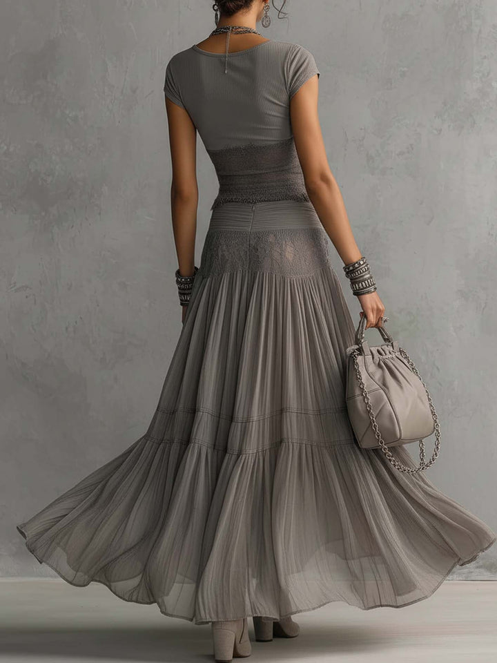 Women's Lace Panel Top and Pleated Maxi Skirt Set