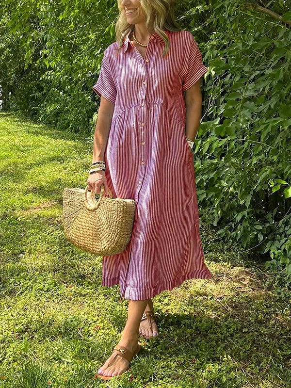 Women's Striped Button Up Midi Dress with Spread Collar and Gathered Waist