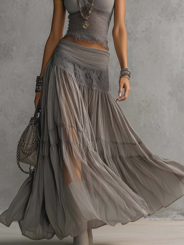 Women's Lace Panel Top and Pleated Maxi Skirt Set