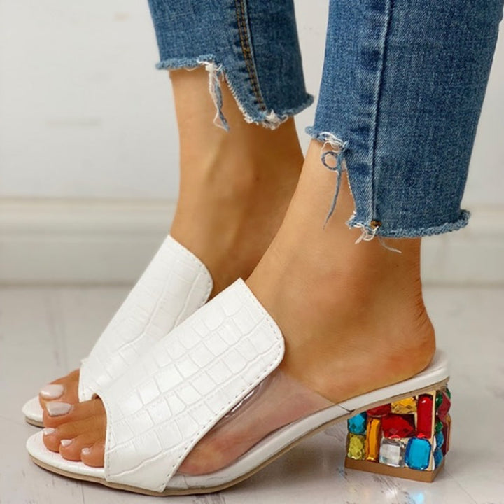 Women's Rhinestone Block Heel Croc Texture Mules