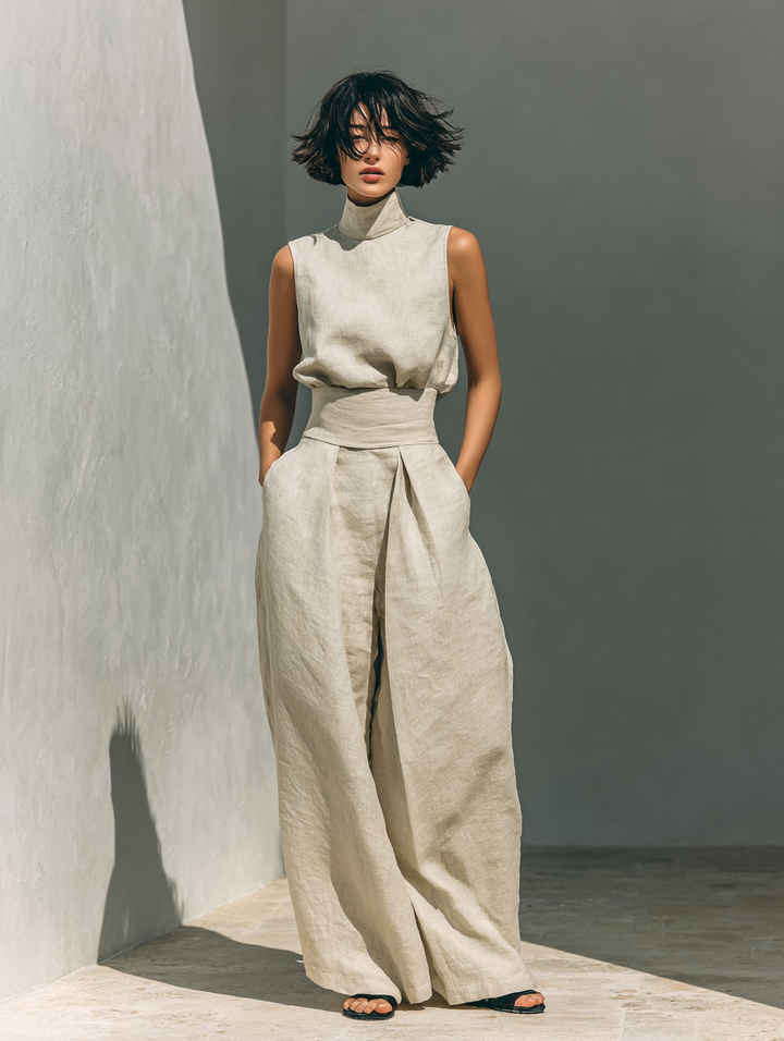 Linen Wide Leg Trousers and Top Matching Set Sleeveless