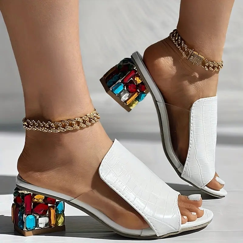 Women's Rhinestone Block Heel Croc Texture Mules