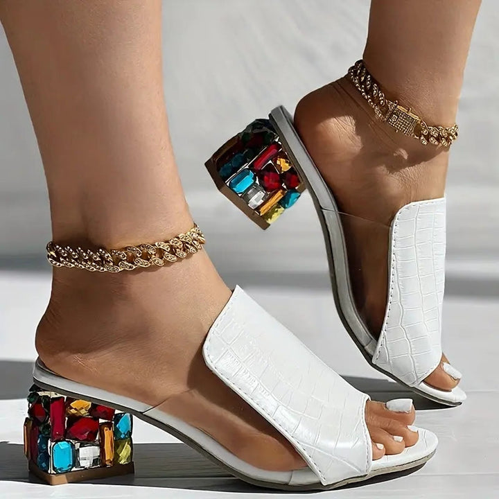 Women's Rhinestone Block Heel Croc Texture Mules