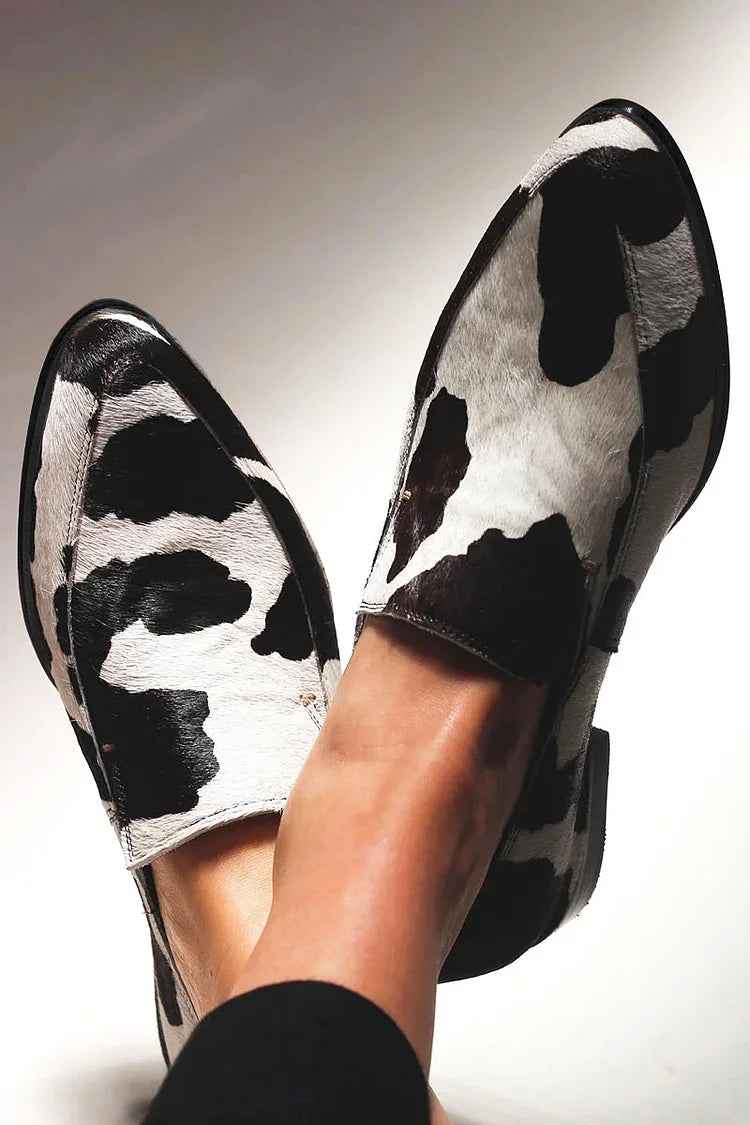 Women's Cow Print Pointed Toe Loafers Low Block Heel