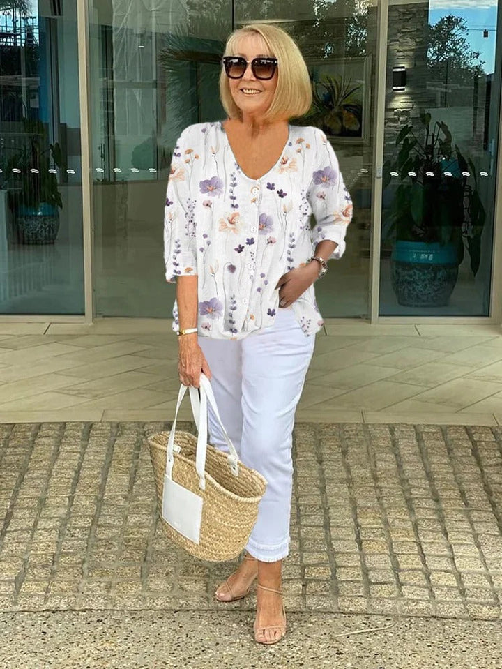 Women's Floral Print V-Neck Blouse with Three-Quarter Sleeves and Button Front