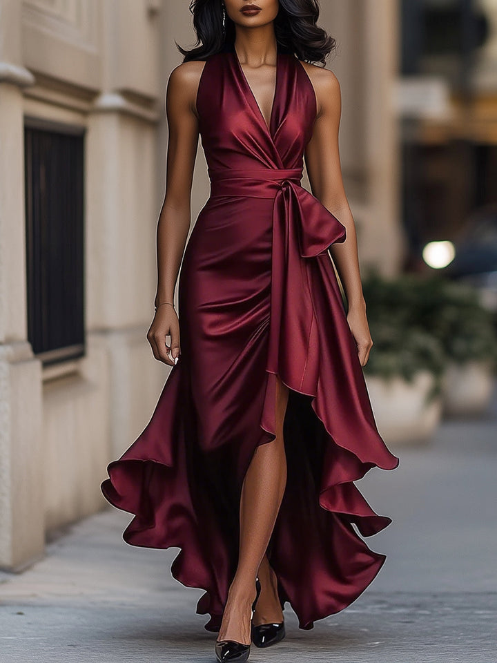Women's Satin Halter Neck Bow Waist High-Low Ruffle Maxi Gown