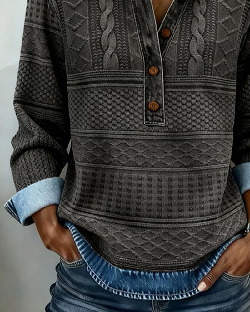Women's Cable Knit Collared Half Button Sweatshirt