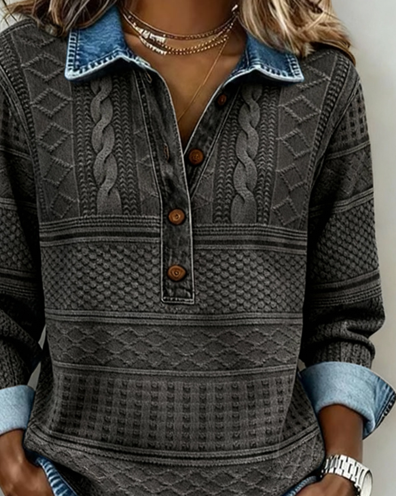Women's Cable Knit Collared Half Button Sweatshirt