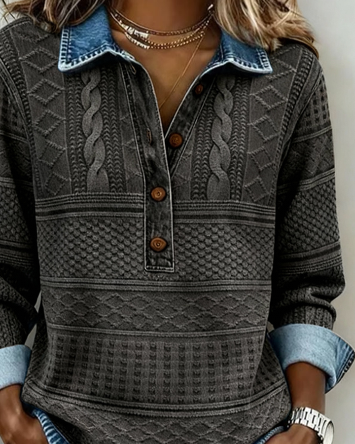 Women's Cable Knit Collared Half Button Sweatshirt