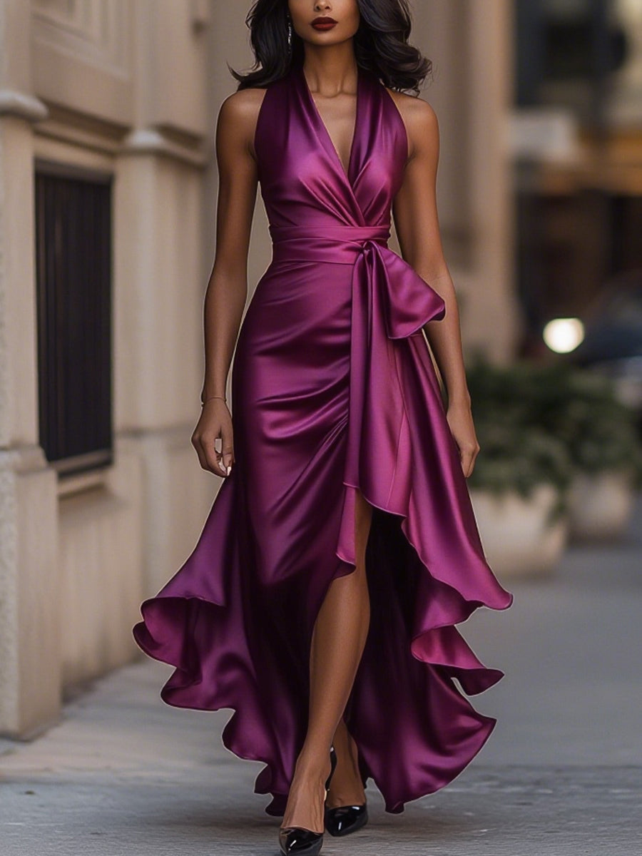 Women's Satin Halter Neck Bow Waist High-Low Ruffle Maxi Gown