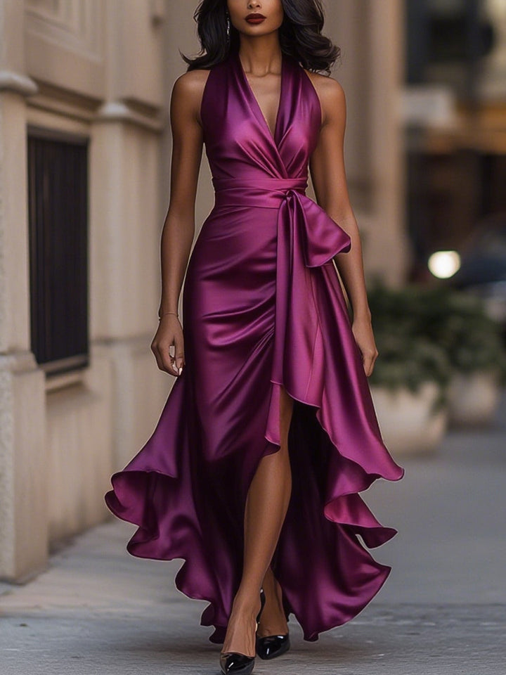 Women's Satin Halter Neck Bow Waist High-Low Ruffle Maxi Gown