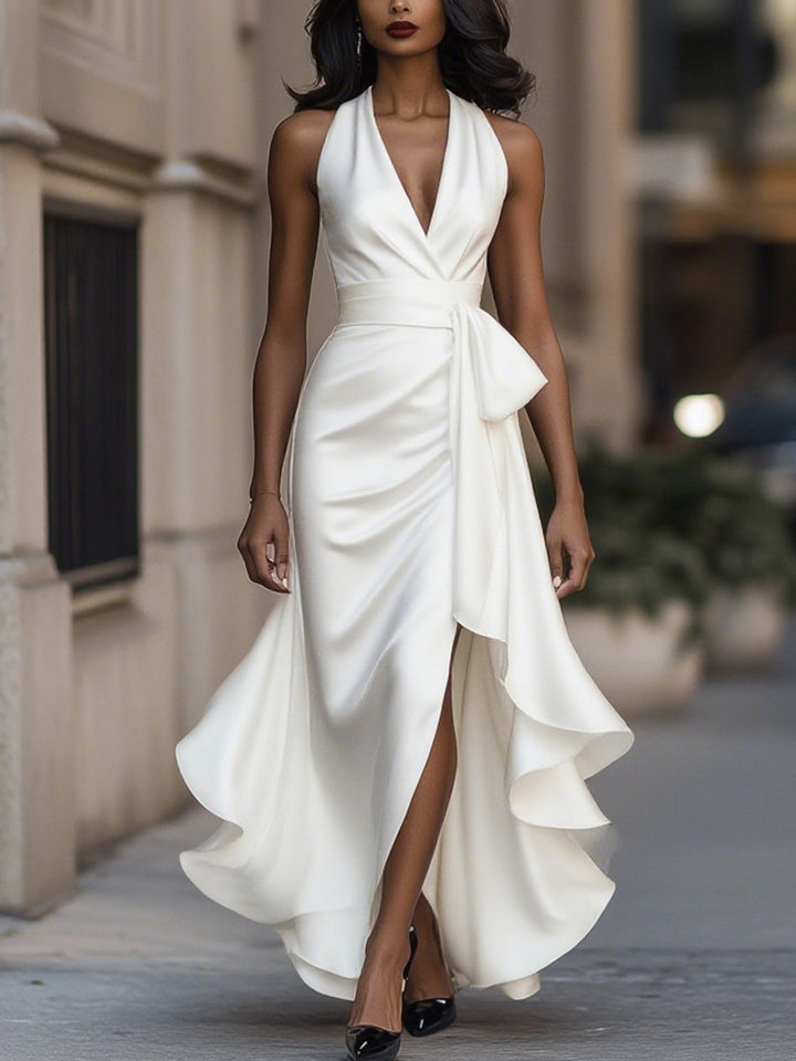 Women's Satin Halter Neck Bow Waist High-Low Ruffle Maxi Gown