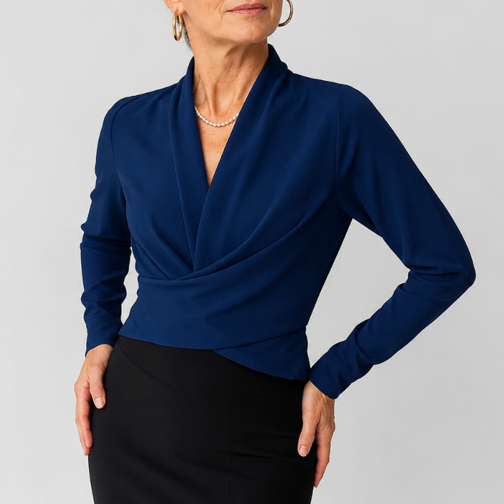 Women's Wrap Blouse with Draped V-Neckline and Long Sleeve Crossover Top