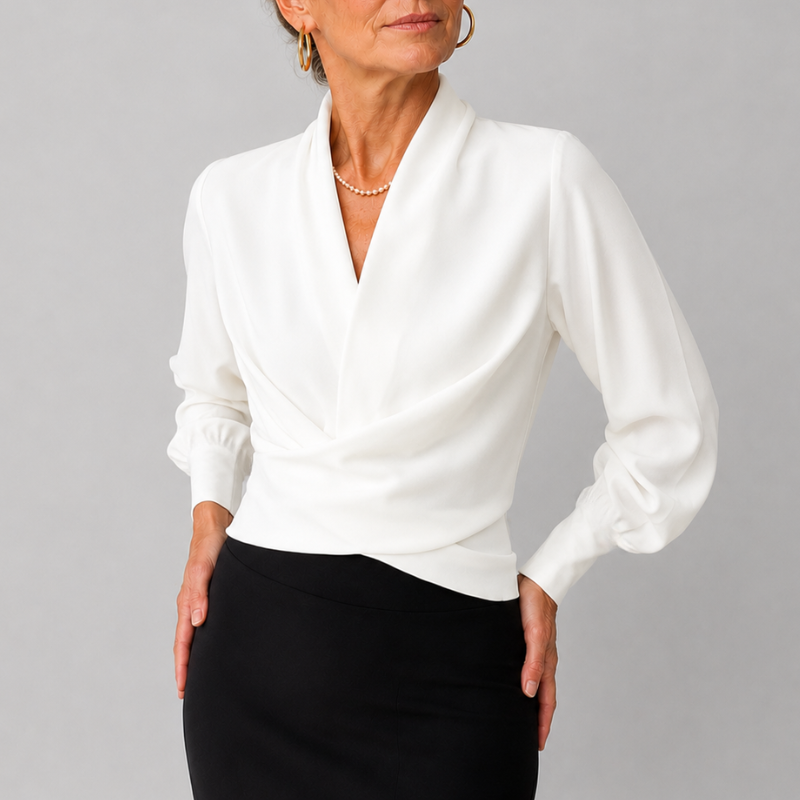 Women's Wrap Blouse with Draped V-Neckline and Long Sleeve Crossover Top