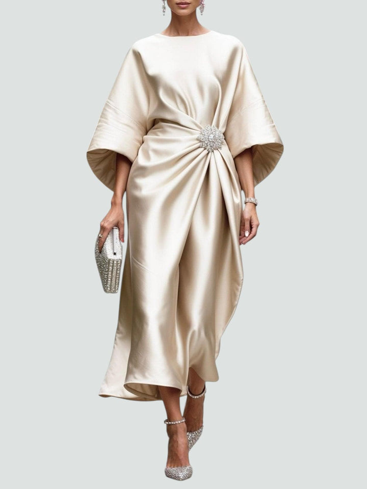 Women's Batwing Sleeve Midi Dress with Brooch Detail and Draped Waist
