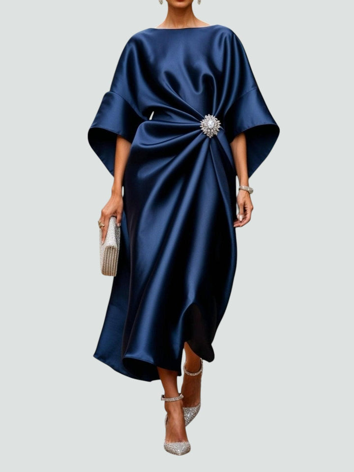 Women's Batwing Sleeve Midi Dress with Brooch Detail and Draped Waist