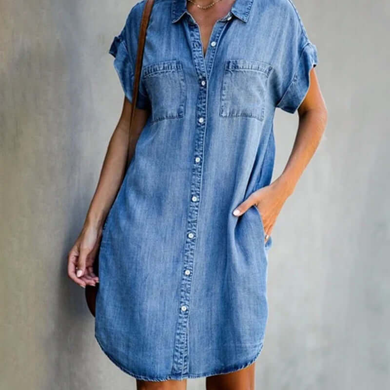 Women's Denim Short Sleeve Button-Front Collared Mini Shirt Dress