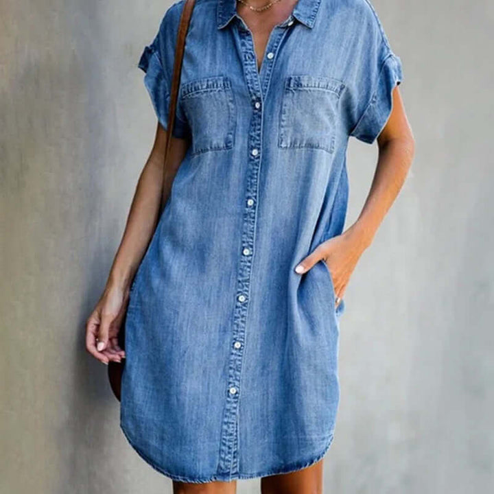 Women's Denim Short Sleeve Button-Front Collared Mini Shirt Dress