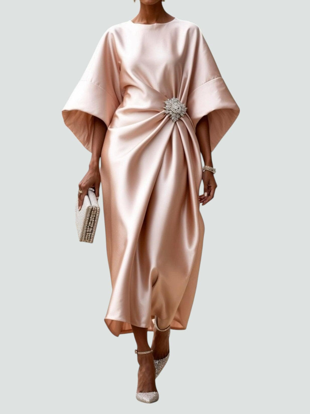 Women's Batwing Sleeve Midi Dress with Brooch Detail and Draped Waist