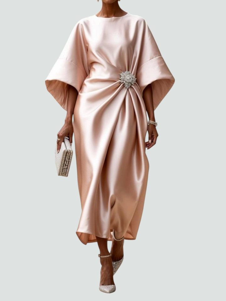 Women's Batwing Sleeve Midi Dress with Brooch Detail and Draped Waist