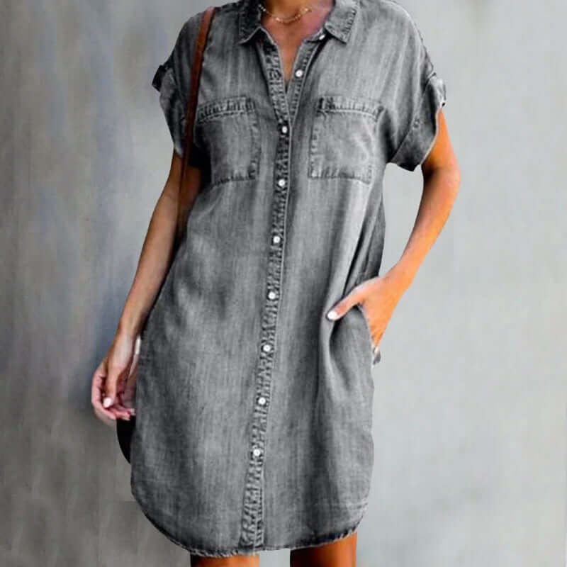 Women's Denim Short Sleeve Button-Front Collared Mini Shirt Dress