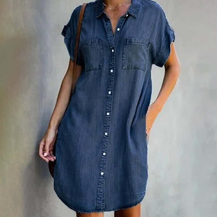Women's Denim Short Sleeve Button-Front Collared Mini Shirt Dress