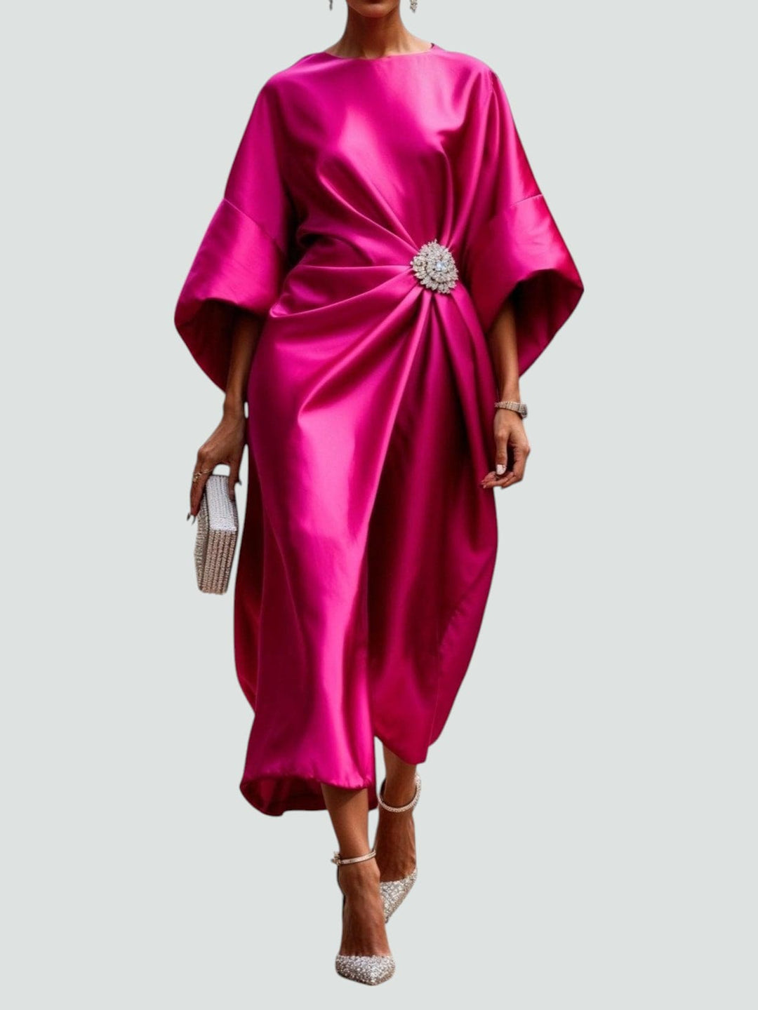 Women's Batwing Sleeve Midi Dress with Brooch Detail and Draped Waist