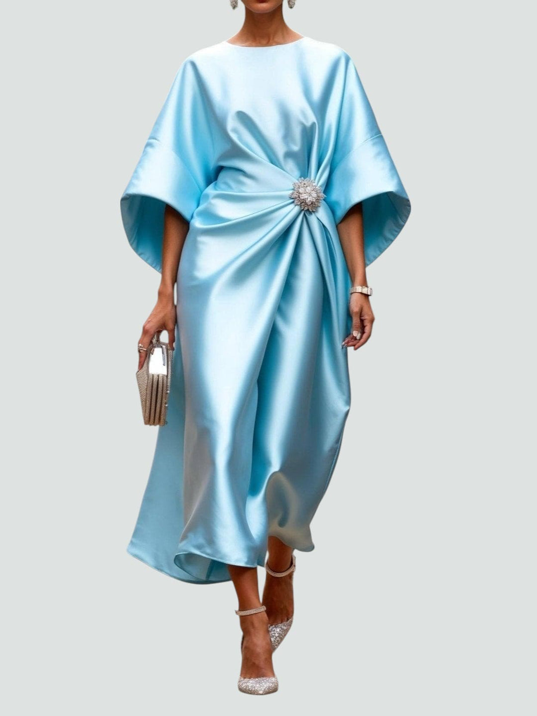 Women's Batwing Sleeve Midi Dress with Brooch Detail and Draped Waist