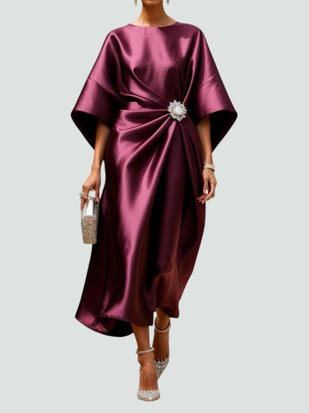 Women's Batwing Sleeve Midi Dress with Brooch Detail and Draped Waist