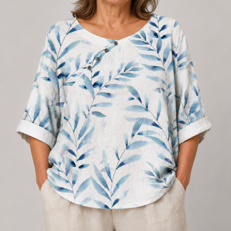 Women's Relaxed Fit Leaf Print Blouse with 3/4 Sleeves and Button Placket