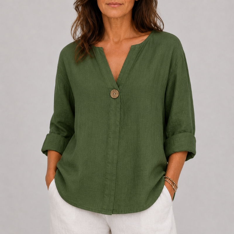 Women's V-Neck Blouse with Single Button Detail and Rolled Sleeves