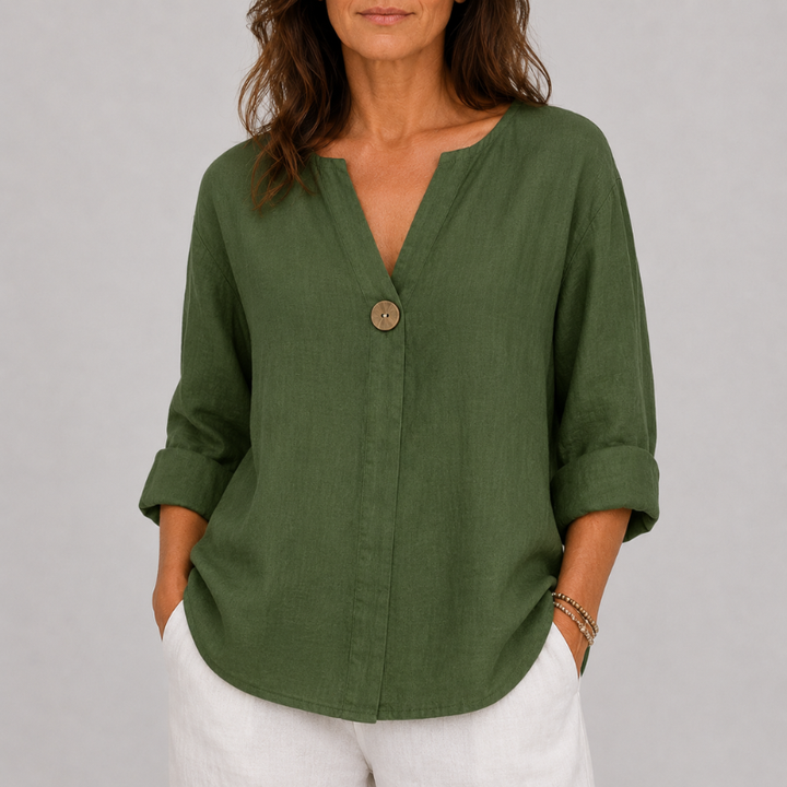 Women's V-Neck Blouse with Single Button Detail and Rolled Sleeves