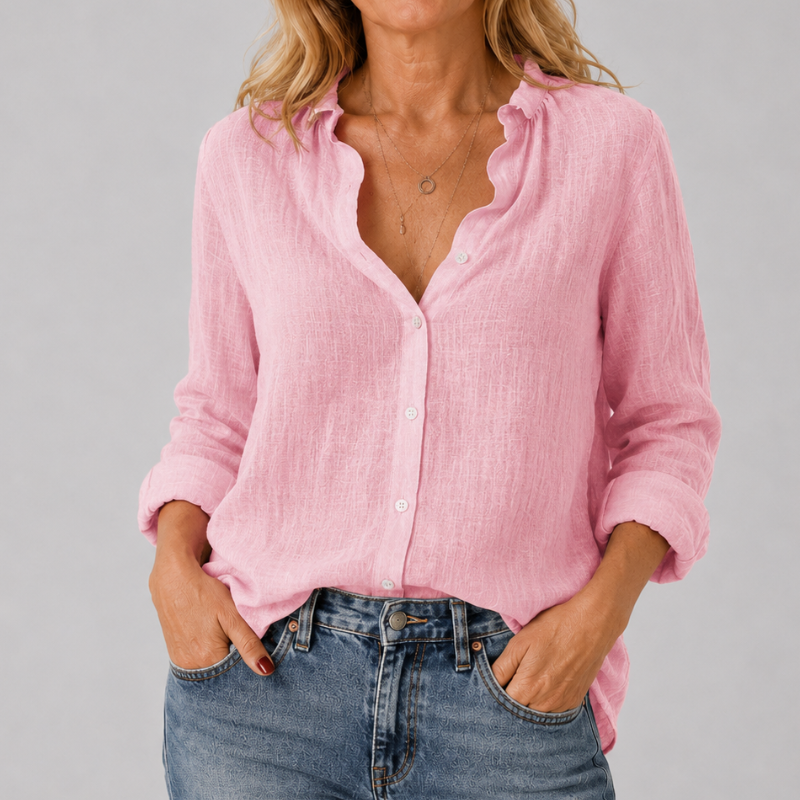 Women's Long Sleeve Button-Down Shirt with Lapel Detail and Curved Hem