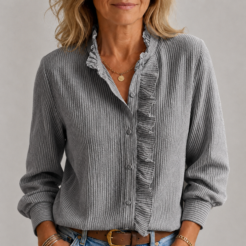 Women's Long Sleeve Button-Down Blouse with Ruffle Collar and Textured Weave