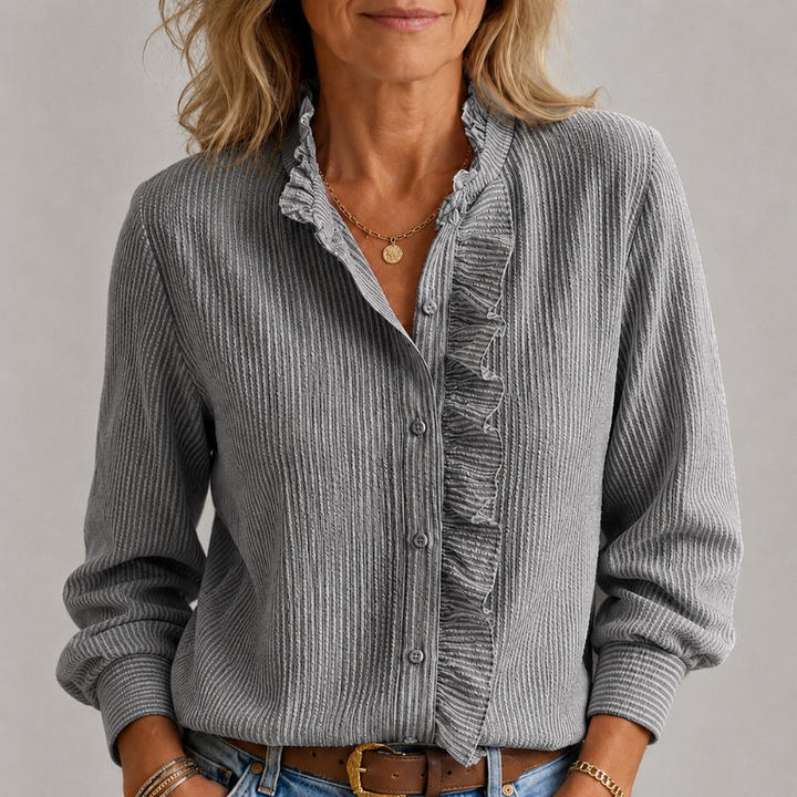 Women's Long Sleeve Button-Down Blouse with Ruffle Collar and Textured Weave