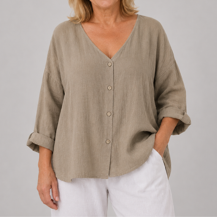 Women's Relaxed Fit V-Neck Blouse with 3/4 Sleeves and Button Front