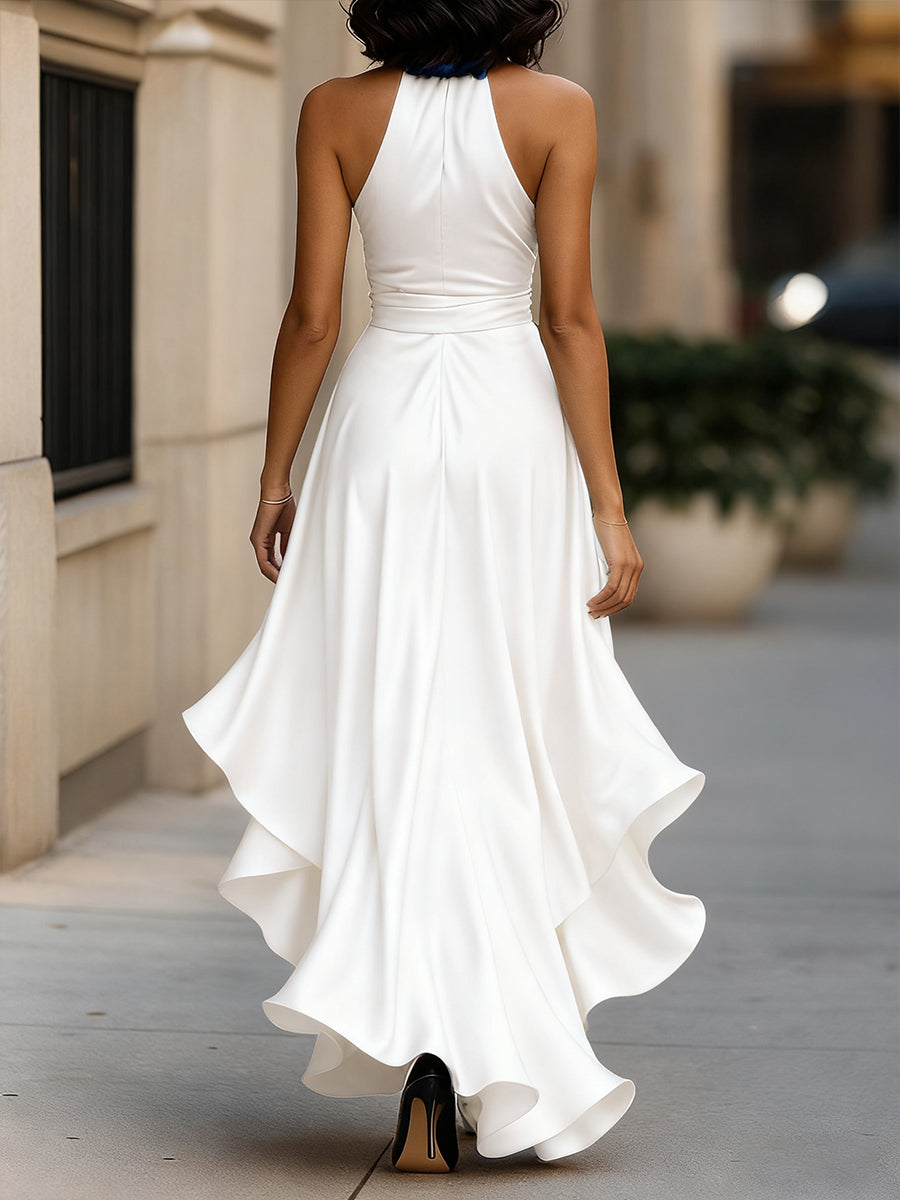 Women's Satin Halter Neck Bow Waist High-Low Ruffle Maxi Gown