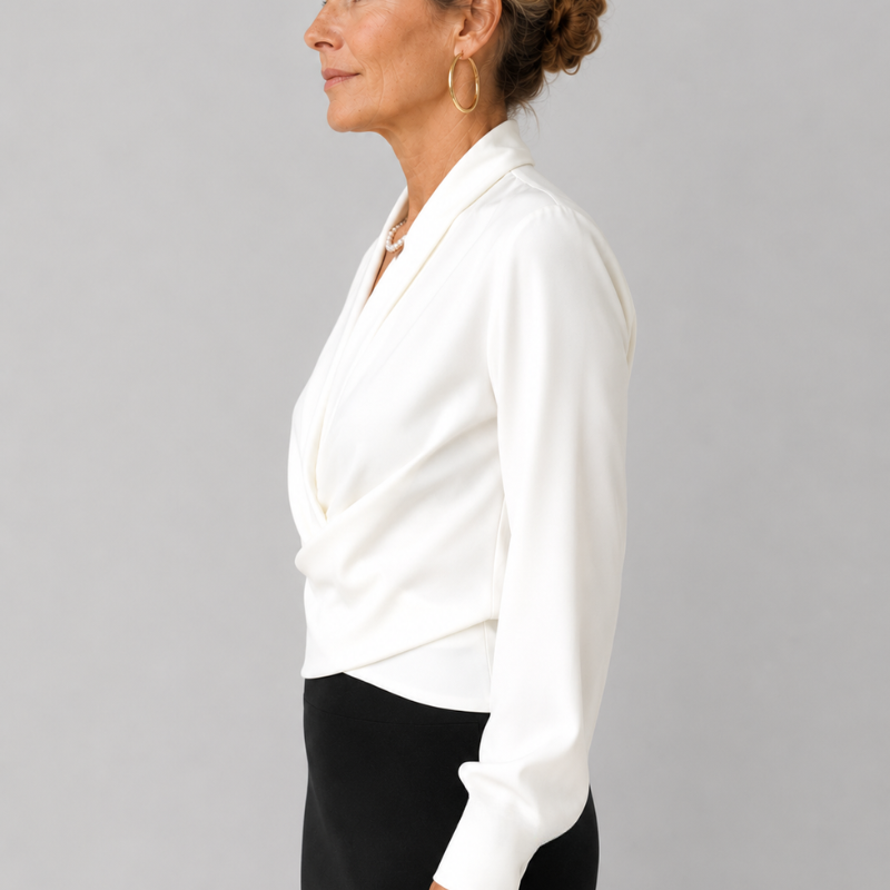 Women's Wrap Blouse with Draped V-Neckline and Long Sleeve Crossover Top