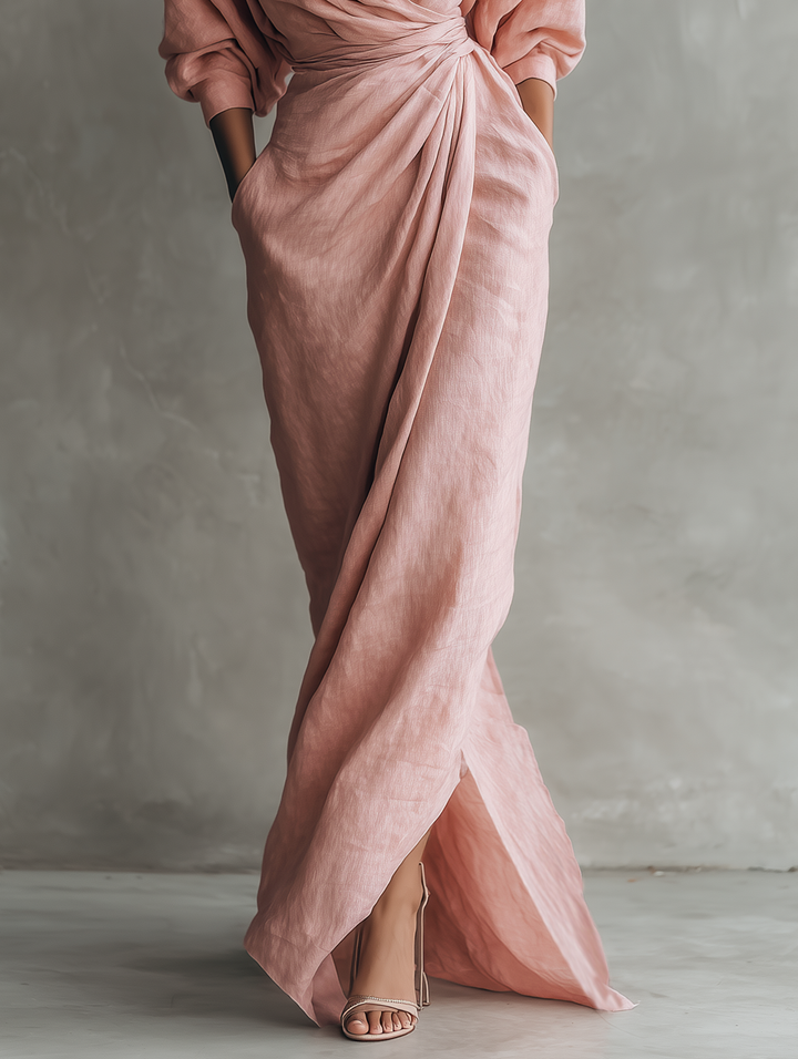Women's Linen Wrap Maxi Dress V-Neck Batwing Sleeve Twist