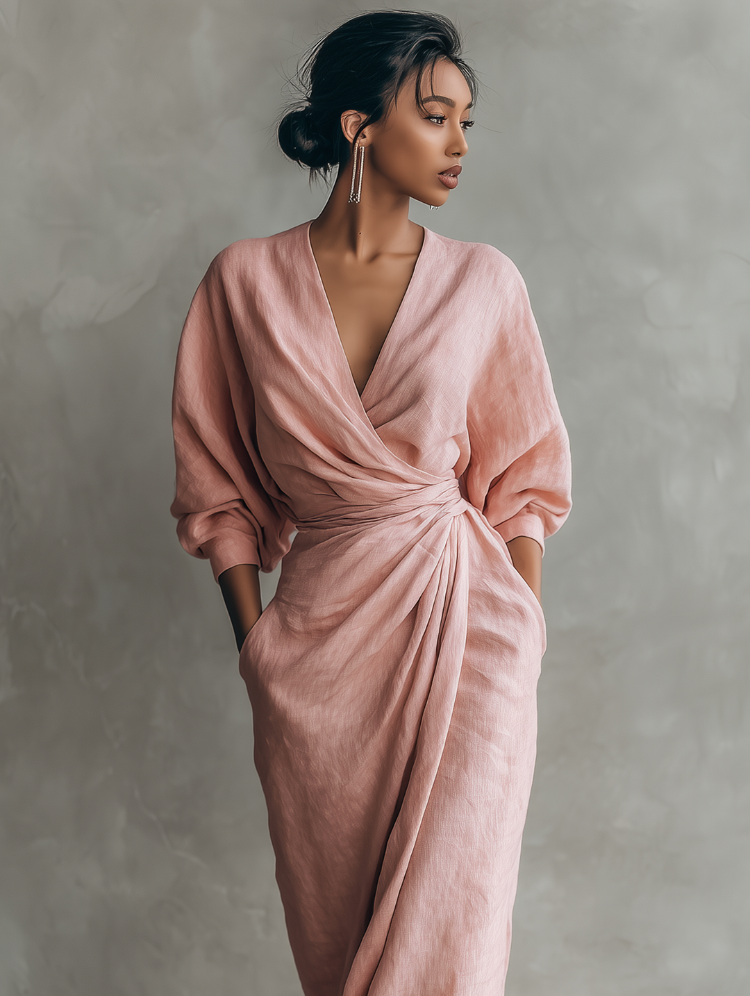 Women's Linen Wrap Maxi Dress V-Neck Batwing Sleeve Twist