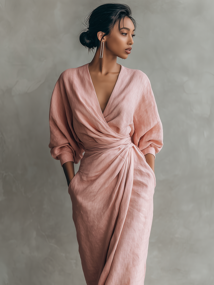 Women's Linen Wrap Maxi Dress V-Neck Batwing Sleeve Twist