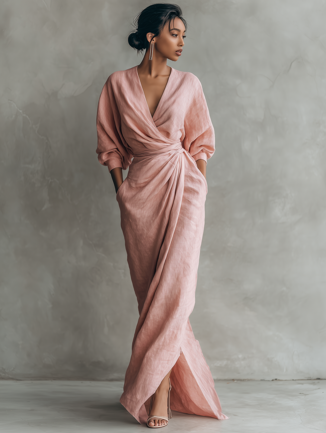 Women's Linen Wrap Maxi Dress V-Neck Batwing Sleeve Twist