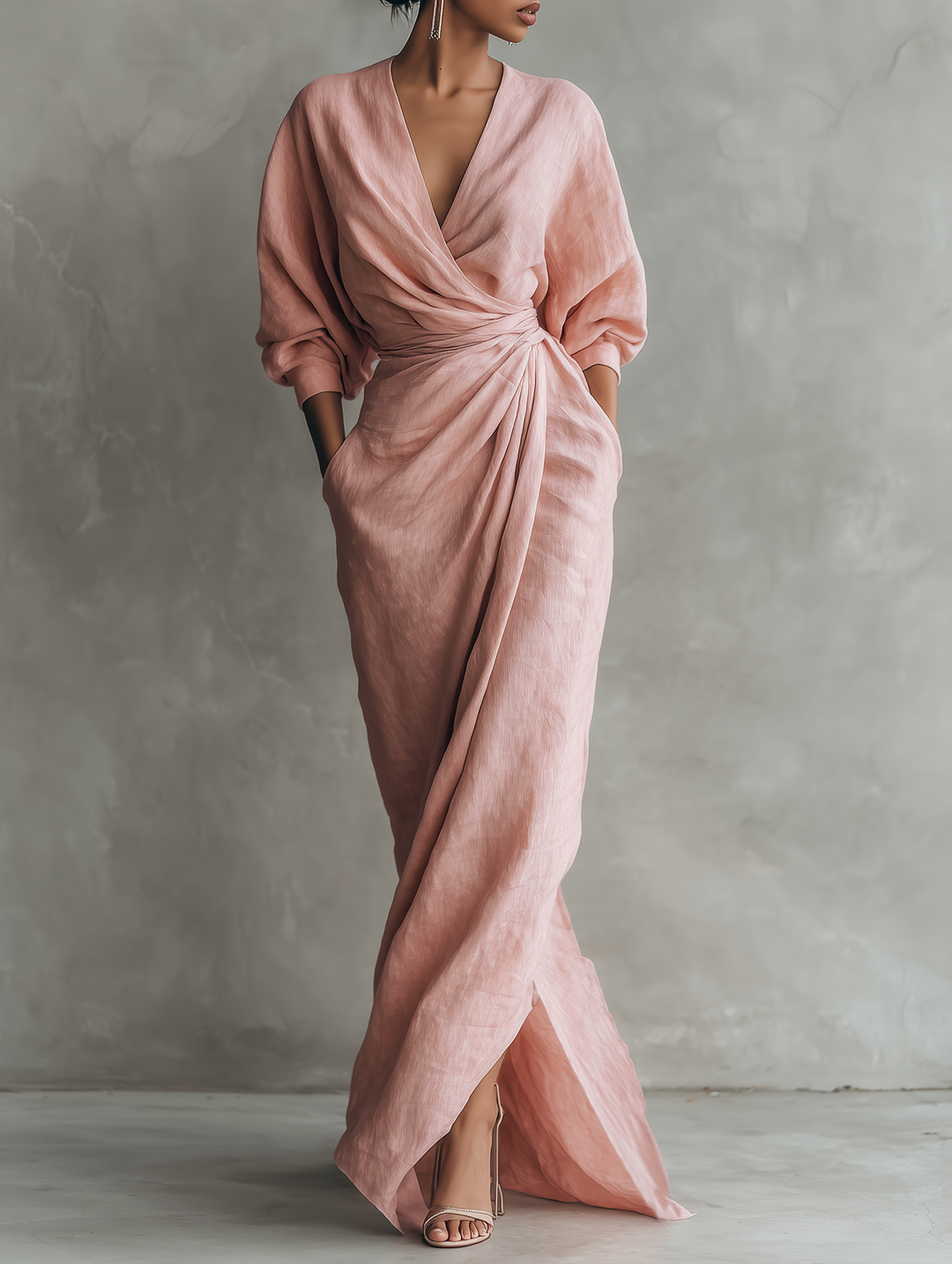 Women's Linen Wrap Maxi Dress V-Neck Batwing Sleeve Twist