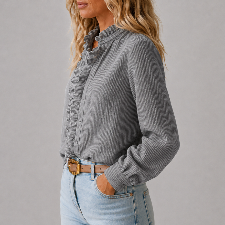 Women's Long Sleeve Button-Down Blouse with Ruffle Collar and Textured Weave